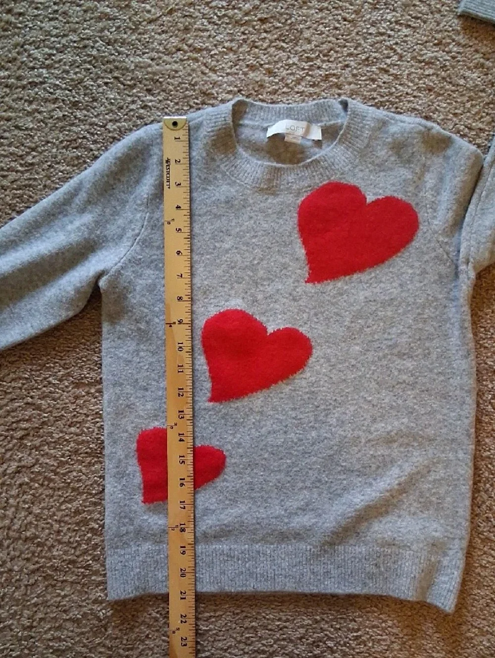 LOFT Grey Crewneck Sweater with Red Heart Appliqués - Picture 6 of 8